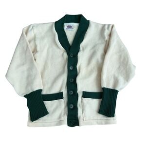 1940s Venus Knitting Mills Cardigan Cream Green NYC Wool Sweater Vintage